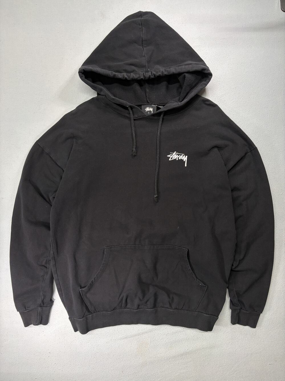 Vintage 90s Made in USA Stüssy Black Rose Graphic Hoodie Kangaroo Pocket